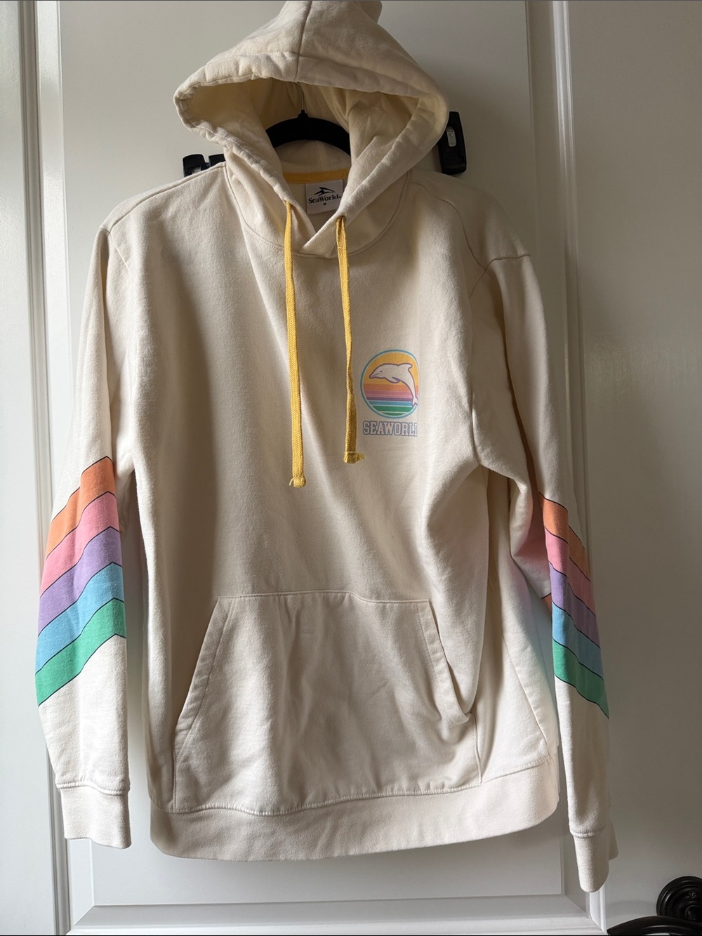 SeaWorld Cream Hoodie with Rainbow Sleeve Stripes